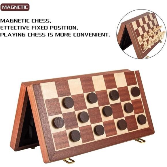 Magnetic Wooden Chess & Checkers Set (2 in 1) - Folding Board - Picture 5 of 8